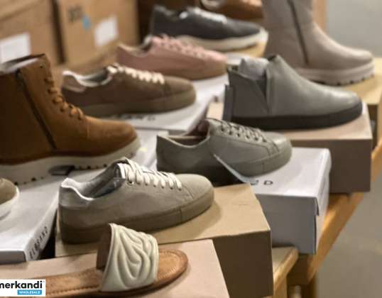 6,50 € páronként, európai márkájú cipőkeverék, különböző modellek és méretek keveréke nőknek és férfiaknak, karton keverése, fennmaradó raklapkészlet, A készlet