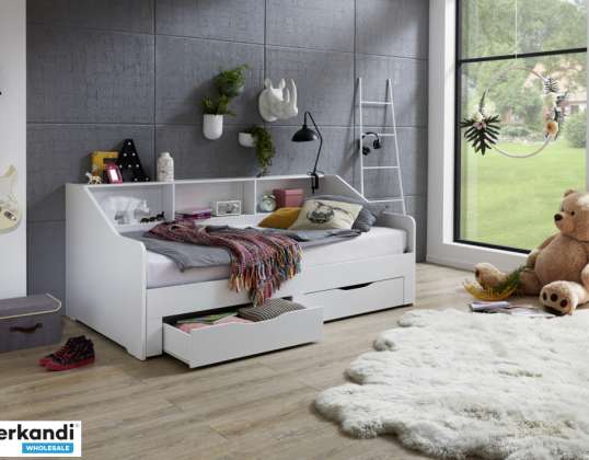 Funktionel seng RENE kan forlænges fra 90 til 180 x 200 cm, med 2 skuffer &amp; hylde, hvid