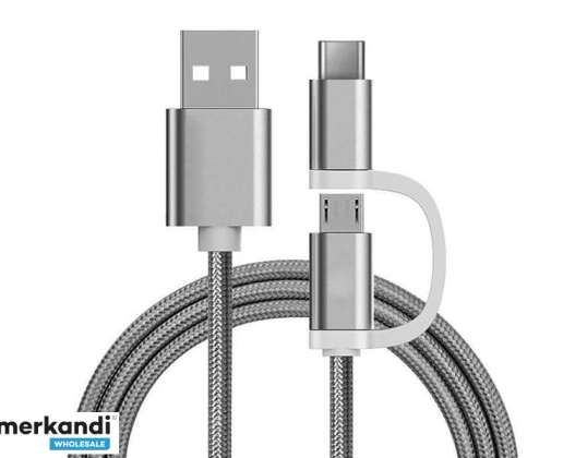 Reekin Câble 2en1 MicroUSB & USB C 1 Mètre Nylon Argent