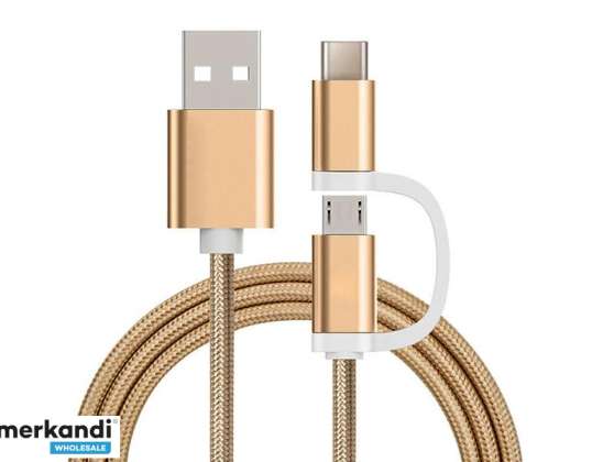 Cable Reekin 2 en 1 MicroUSB y USB C 1 Metro Nylon Dorado