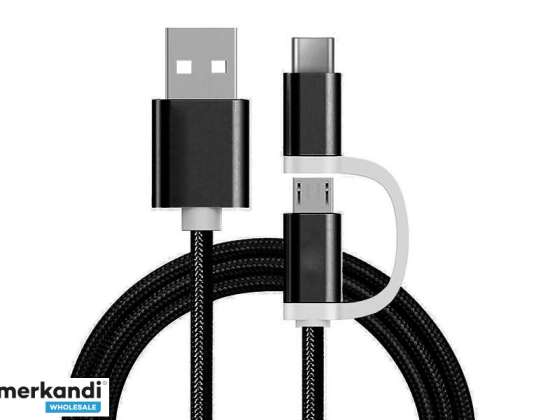 Reekin-kabel (2-i-1 mikro-USB- & USB-C) 1 meter (sort-nylon)