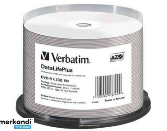 Verbatim DVD-R 4.7GB/120min/16x Cakebox (50 disk) InkJet Printable 43744