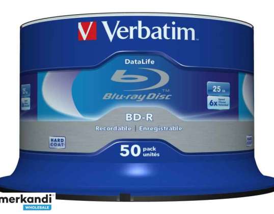 Verbatim BD-R 25GB / 1-6x Cakebox (50 Disc) DataLife Wit Blauw Surface 43838