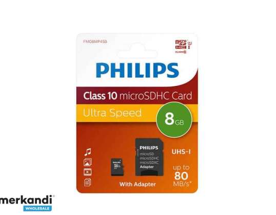 Philips MicroSDHC 8GB CL10 80mb/s UHS-I + adapteris mažmeninė prekyba