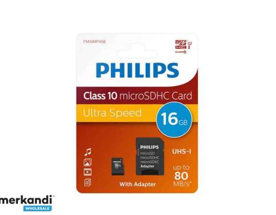 Philips MicroSDHC 16GB CL10 80mb/s UHS-I + adapteris mažmeninė prekyba