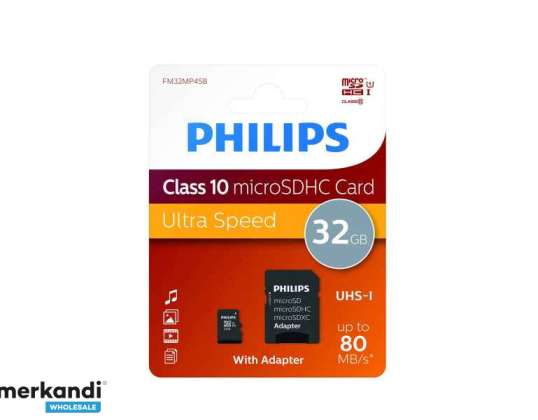 Philips MicroSDHC 32GB CL10 80mb / s UHS-I + Προσαρμογέας λιανικής