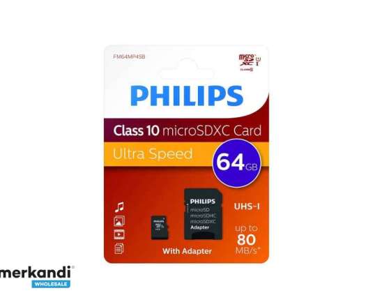 Philips MicroSDXC 64GB CL10 80mb / s UHS-I + mazumtirdzniecības adapteru