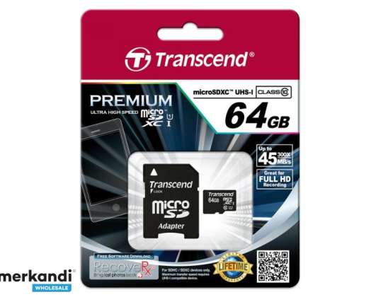 Transcend MicroSD/SDXC Card 64GB UHS1 w/Adapter TS64GUSDU1