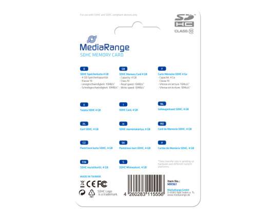 MediaRange SD-kaart 4GB SDHC CL.10 MR961