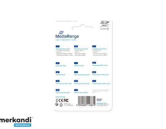Cartão MediaRange SDXC 64GB Cl.10 MR965