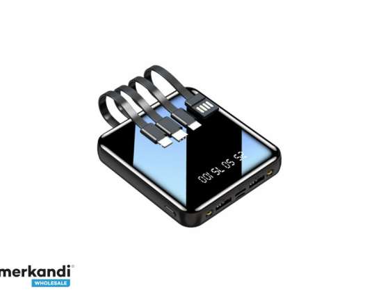 Powerbank 10000 мАч Mini + 4 зарядных кабеля и светодиодные лампы (черные)