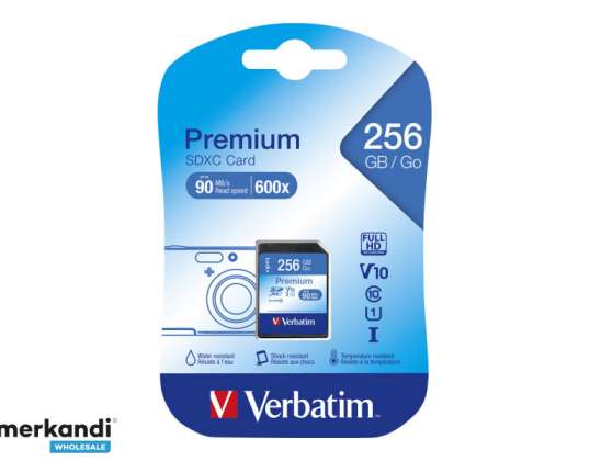 Verbatim SDXC-kortti 256GB, Premium, luokka 10, U1 - 45MB/s, 300x, läpipainopakkaus
