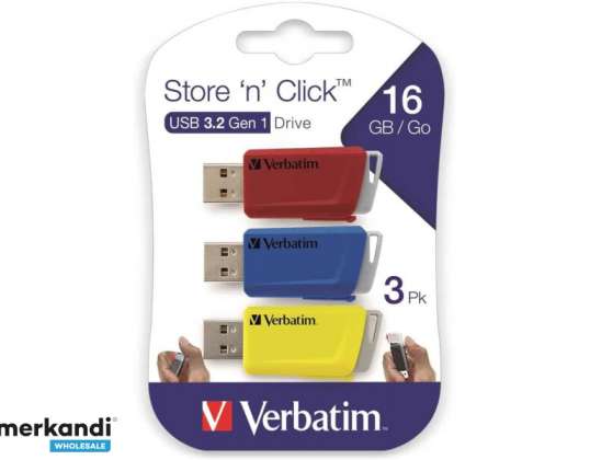 Verbatim Store n Click — USB 3.2 GEN1 — 3x16 GB — Rot/Blau/Gelb — 16 GB