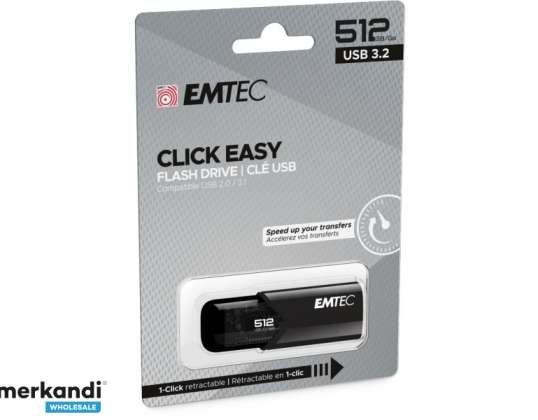 USB Flash Sürücü 512GB EMTEC B110 Tıklama Kolay (Siyah) USB 3.2 (20MB/s)