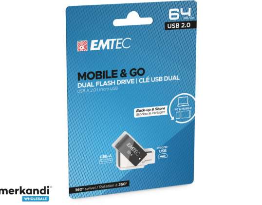 USB "FlashDrive" 64 GB "Emtec Mobile" ir "Go Dual USB2.0" - "microUSB T260"