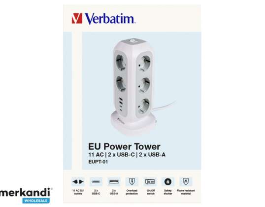 Verbatim EU Power Tower 11 váltóáram 2 db USB-C 2 USB-A 49547 csatlakozóval
