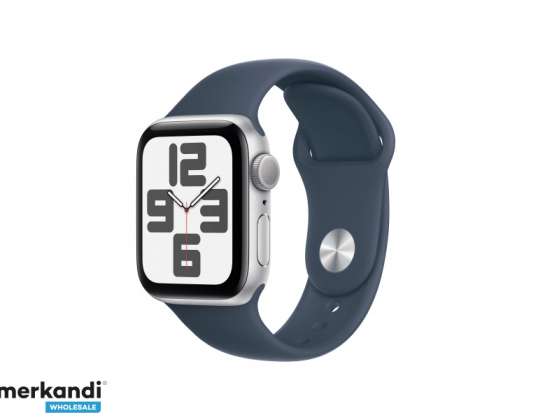 Apple Watch SE ze stopu aluminium. 40mm GPS Srebrny Pasek Sportowy Storm Blue M/L MRE23QF/A