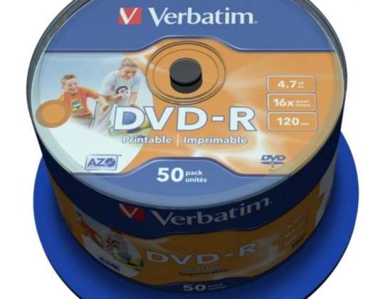 DVD-R 4.7GB Verbatim 16x Inkjet blanco Superficie completa Cakeer 50er 43533