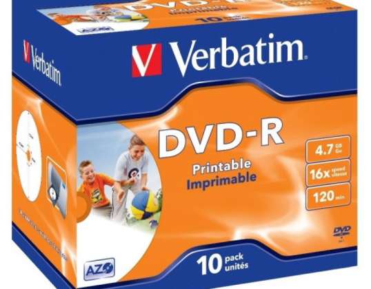 DVD R 4.7GB Verbatim 16x Inyección de Tinta blanca Superficie Completa 10pcs Estuche Joya 43521