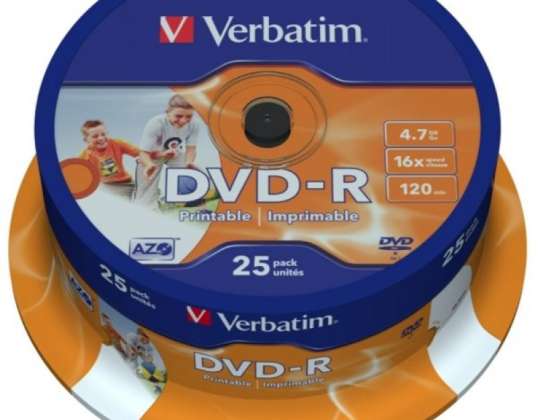 DVD R 4.7GB Verbatim 16x Inyección de Tinta blanco Superficie Completa 25er Cakebox 43538