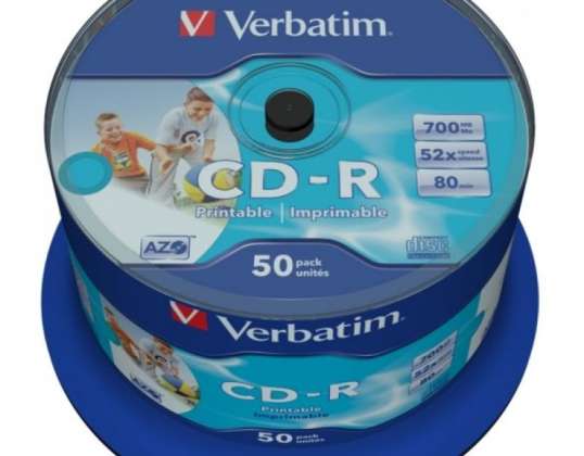 CD R 80 Verbatim 52x DLP Inkjet wit Full Surface 50st Cakebox 43438