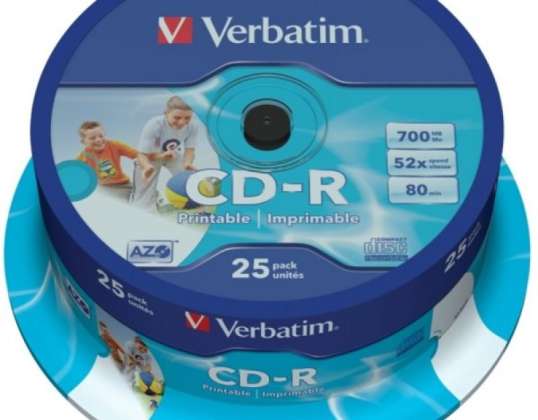 CD R 80 Verbatim 52x DLP Inkjet wit 25st Cakebox 43439