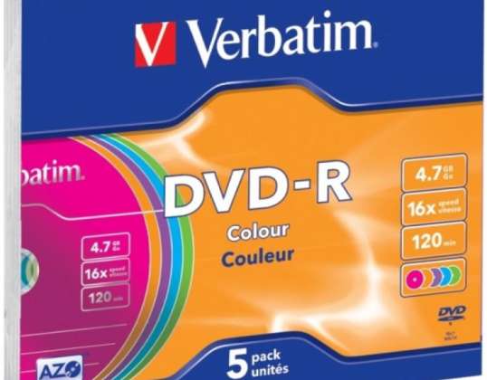DVD R 4,7 ГБ Verbatim 16x Colour 5er Тонкий чехол 43557
