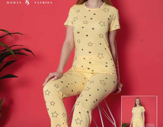 Komplekt türgi lühikeste varrukatega naiste pidžaamale, kvaliteetsele pesule ja töötlusele.