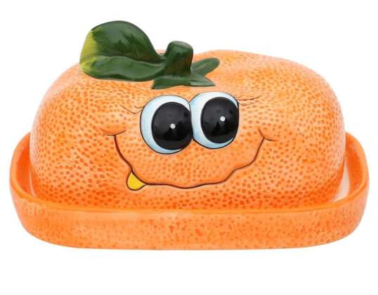 Keramička posuda s maslacem kao naranča / mandarina u narančastoj boji, dimenzija L/Š/H: 16,5 x 11 x 10 cm.