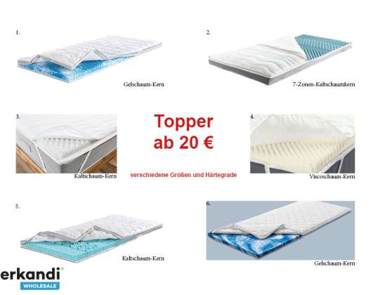 Toppers, mattress toppers, cold foam toppers, gel foam toppers, various sizes