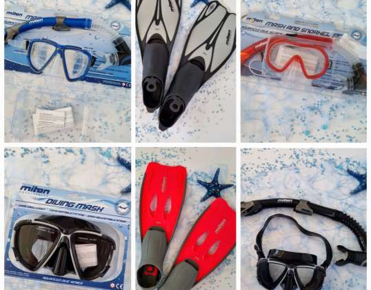 080045 niršanas piederumiem. Piedāvājumā ietilpst: maskas, snorkeli, spuras, masku komplekti ar snorkeli