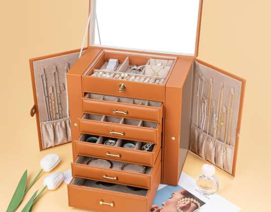 Cutie elegantă de bijuterii cu 6 straturi cu oglindă și blocare cutie de bijuterii cutie de bijuterii din piele cutie de bijuterii pentru femei cutie de bijuterii cadou de culoare din piele