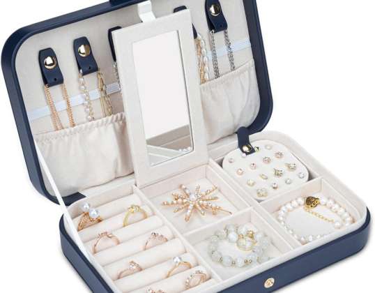 Marineblauwe reissieradenkoffer voor dames, organisator, 2-laags draagbare kleine sieradenorganizer voor oorbellen, ringen, kettingen, horloges, armbanden, G