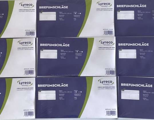 360 paquets de 100 enveloppes Lyreco DIN long 110x220mm blanc avec fenêtre, palettes de stock restantes en gros