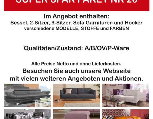 P20 - Furniture package, sofa, sofa sets, various models, fabrics and colours
