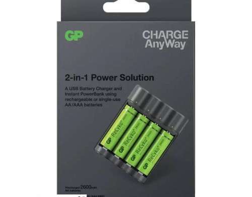 GP batterilader X411 Uansett Powerbank med 4xAAA oppladbar røre
