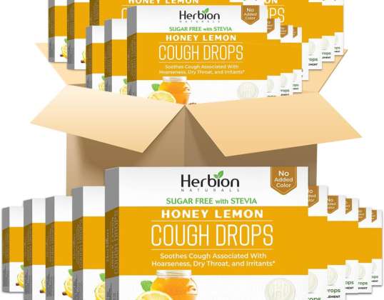 Herbion Naturals таблетка за кашлица с аромат на мед и лимон, без захар със стевия, хранителна добавка, успокоява таблетки за смучене 18 (опаковка от 48)
