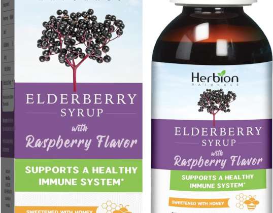 Herbion Naturals Elderberry Syrup – Hälsosamt immunförsvar för vuxna och barn, 1 år och uppåt, honung sötad med naturlig hallonsmak