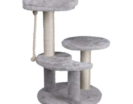 Pilkas kačių draskyklės stulpas – tvirtas bokštas iš sizalio pluošto, modernaus dizaino, stabilus pagrindas
