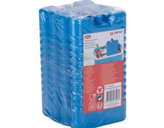 Pakuotė, kurioje yra 4 ledo pakuotės po 220 ml 2 skirtingų stilių daugkartinio naudojimo aušinimo blokai vėsesniems maišeliams ir pietų dėžutėms