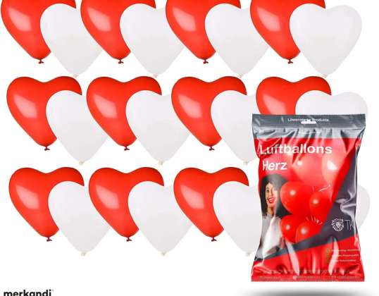 50x XXL Heart Balloons Helium Suitable Ø 40 cm Balloons Heart Heart Balloon Red &amp; White as Decoration for Him &amp; Her Wedding &amp; Valentine's Day 50x Heart Balloon
