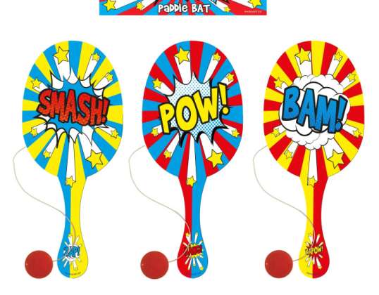 Comic Houten Paddle Racket &amp; Bal 22 cm 3 Verschillende Designs – Outdoor Speelset voor Kinderen