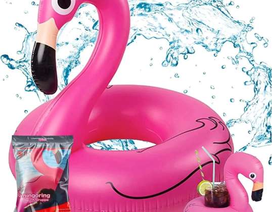 Flamingó gyűrű kb. 110 cm Flamingó felfújható úszógyűrű medence és víz pohártartóval felnőtteknek és gyerekeknek