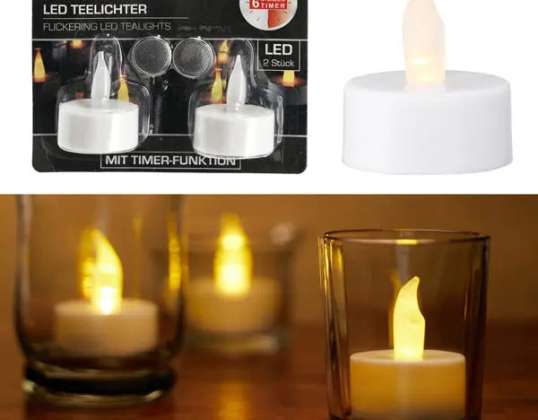 LED Teelicht m. Timer  2er Set  auf Blister   Praktische flammenlose Kerzenbeleuchtung