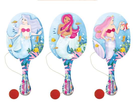 Drveni reket i loptica Mermaid 22 cm 3 različita dizajna - set za igru na otvorenom za djecu