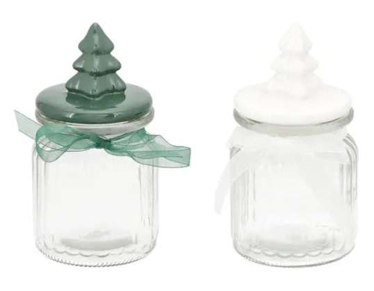 Set of 2 Small Storage Jars with Christmas Tree Lid 15cm Height