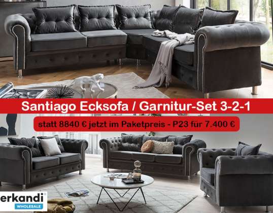 P23 Santiago Corner Sofa / Set Set 3-2-1, Sofa Set in Velour Fabric Grey