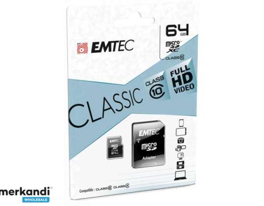 MicroSDXC 64GB EMTEC + adapteris CL10 CLASSIC lizdinė plokštelė