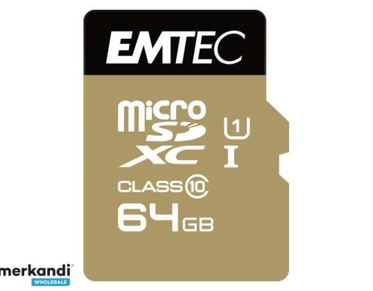 MicroSDXC 64GB EMTEC adapteri CL10 EliteGold UHS I 85MB/s läpipainopakkaus