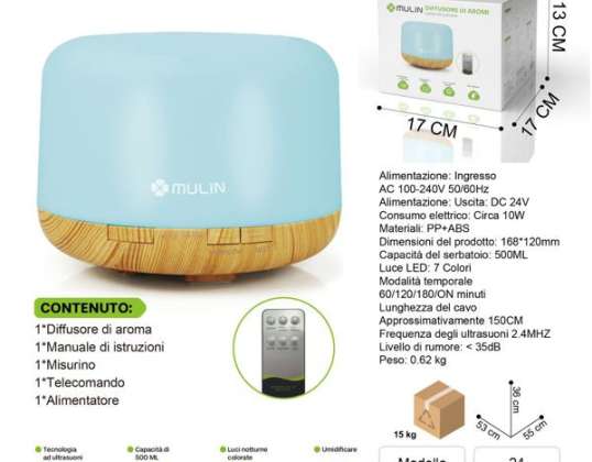 Essential Oil Diffuser for Scented Oils and Aromas, humidifier, RGB 7 Bright Bright Colours, 500ml with Adjustable Timer with Remote Control, Ultrason